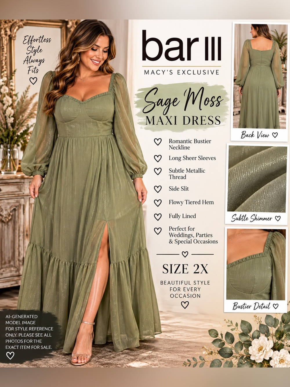 BAR III SAGE MOSS BUSTIER MAXI DRESS • SIZE 2X
